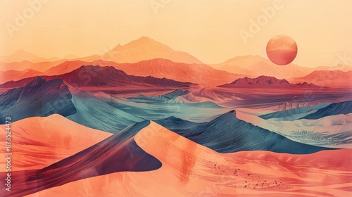 Aquatint Desert Dawn: A Panoramic Landscape of Warm Hues and Layered Mountains photo