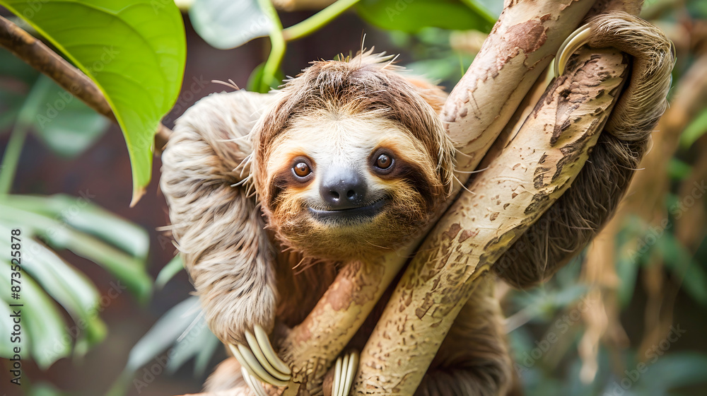 Cute and funny three toed sloth hanging from a tree branch in a lush green tropical forest environment The sloth appears to be relaxing and enjoying its peaceful Cute and funny three toed sloth hanging from a tree branch in a lush green tropical forest environment The sloth appears to be relaxing and enjoying its peaceful