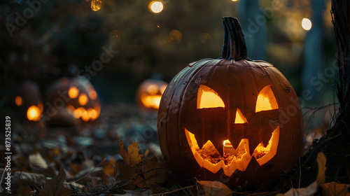 Illuminated jack-o'-lanterns with glowing faces set in a dark, autumnal environment, creating a spooky Halloween atmosphere. 