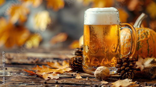 Mugs of beer set against autumnal decor and festive lights, capturing the essence of seasonal beer celebrations and Oktoberfest.
 photo