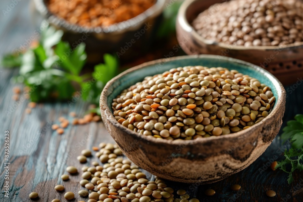 Close-up of organic lentils in a rustic bowl, surrounded by herbs and pulses on dark wood Close-up of organic lentils in a rustic bowl, surrounded by herbs and pulses on dark wood