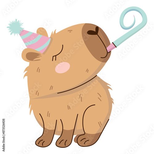 A cute and cuddly capybara character with flower. Happy Birthday concept. Funny hand-drawn festive sticker. Vector illustration isolated on transparent background.