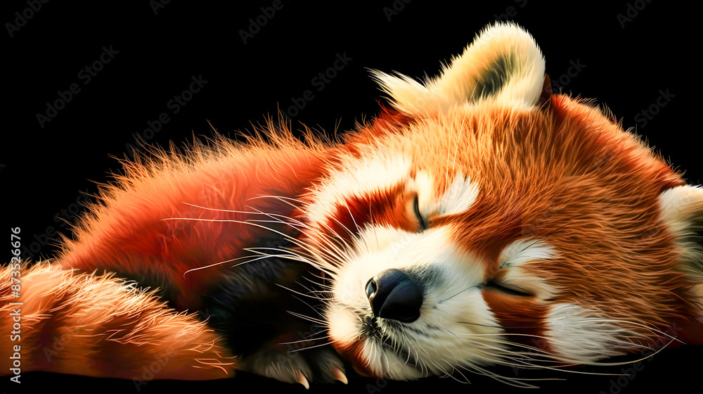 Obraz premium Sleeping Red Panda Curled Up in a Ball in a Peaceful Forest Environment with Lush Foliage and Blurred Background