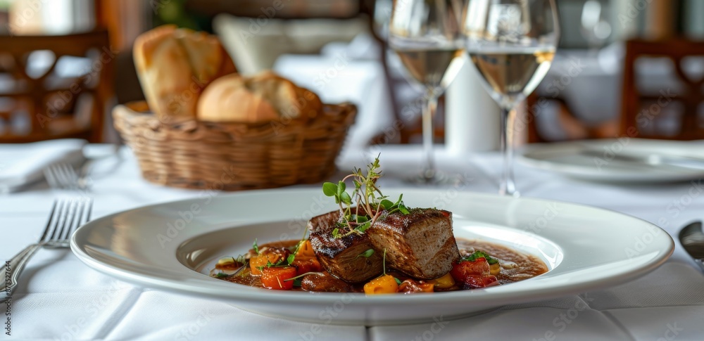 Elegant gourmet steak dinner served with vegetables, garnished with herbs, accompanied by wine glasses and bread basket in a fine dining setting. Elegant gourmet steak dinner served with vegetables, garnished with herbs, accompanied by wine glasses and bread basket in a fine dining setting.