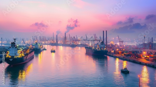The tranquil beauty of sunrise over a bustling industrial port, with cargo ships preparing for departure under a sky painted in soft hues, Reflecting the optimism of global trade awakening