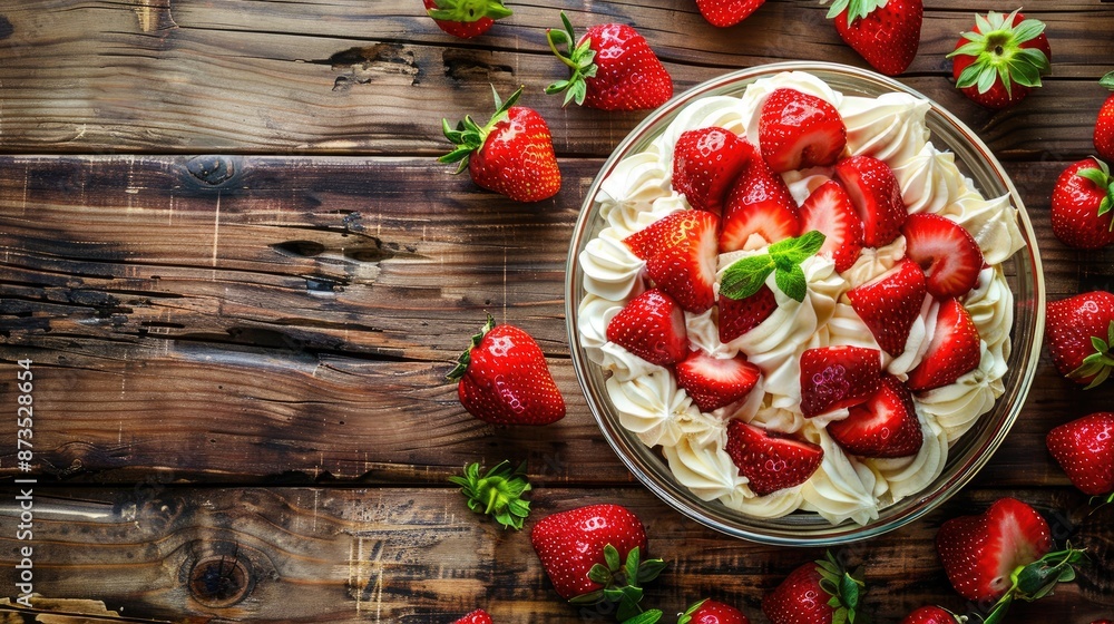Rustic homemade dessert with cream and fresh strawberries on wooden background Vintage vibe Rustic homemade dessert with cream and fresh strawberries on wooden background Vintage vibe
