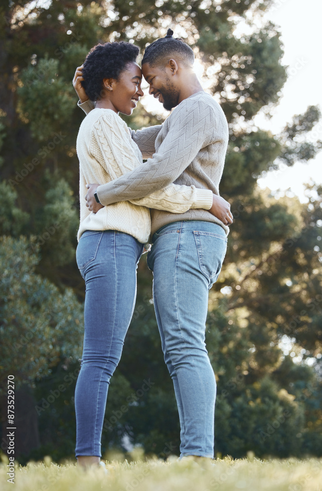 Couple, hug and happy in countryside for love, holiday and adventure or winter camping trip. Black man, woman and embrace outdoor for support, comfort and together with care and smile in forest Couple, hug and happy in countryside for love, holiday and adventure or winter camping trip. Black man, woman and embrace outdoor for support, comfort and together with care and smile in forest