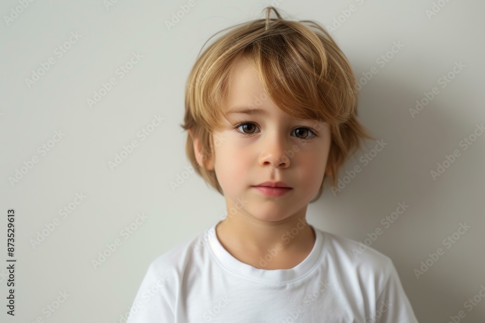 Close-up of a cute child with captivating eyes and tousled hair on a neutral background Close-up of a cute child with captivating eyes and tousled hair on a neutral background