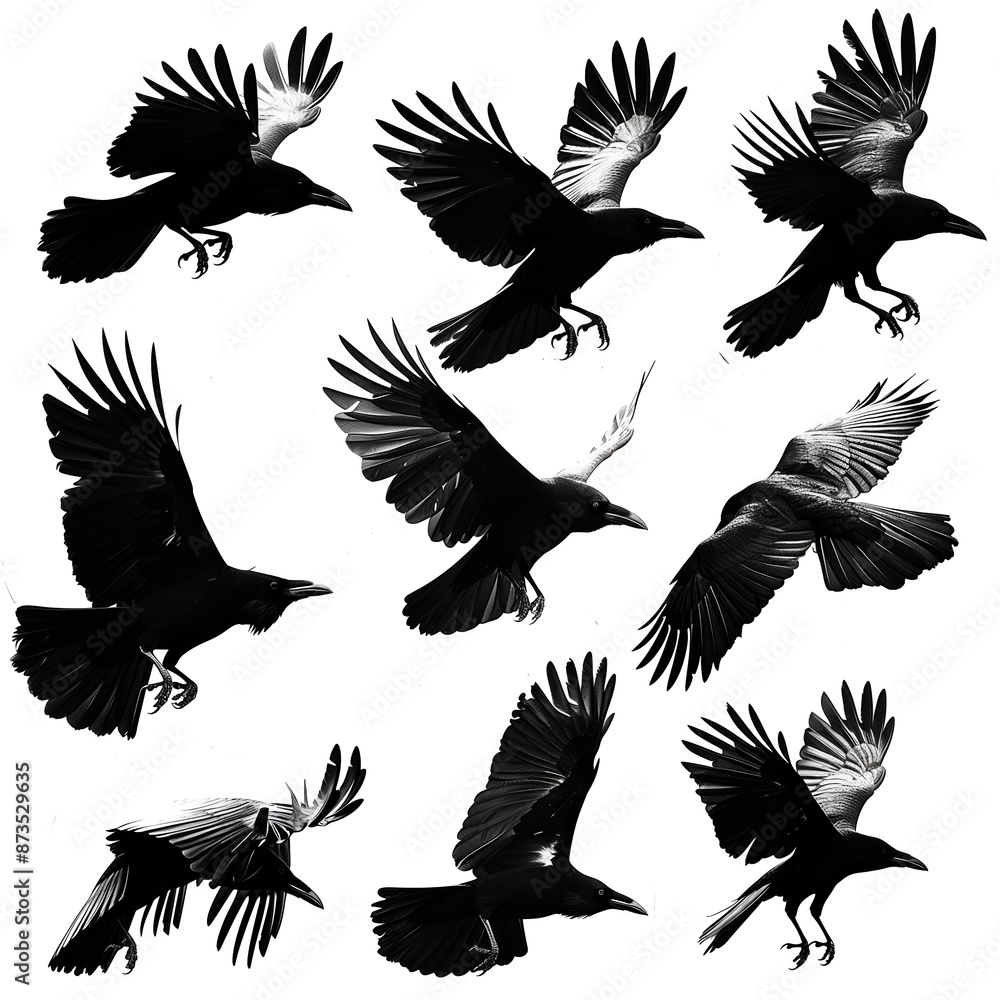 Obraz premium silhouettes of birds, character sheet showing all the images of crows flying