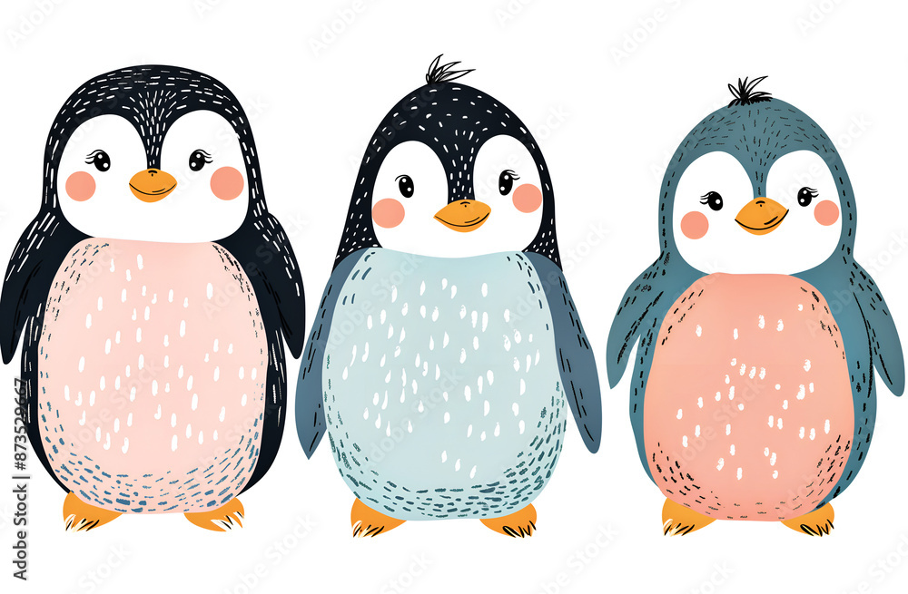 Fototapeta premium Set of cute penguins on a white background with pastel colors. 