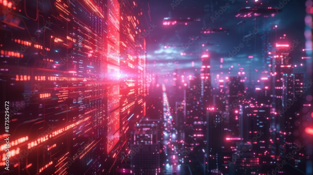 Obraz premium Futuristic city at night with red and blue lights