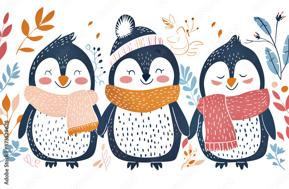 Obraz premium Set of cute penguins on a white background with pastel colors. 