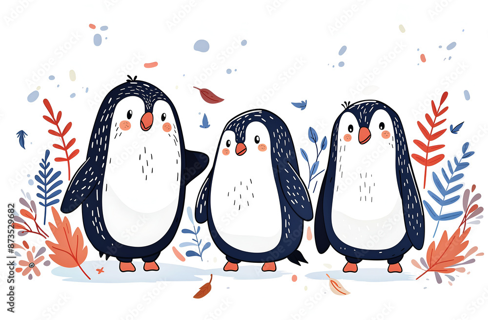 Obraz premium Set of cute penguins on a white background with pastel colors. 