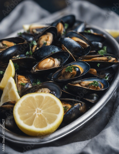 Cooked mussels arranged in a steel tray with lemons in the middle