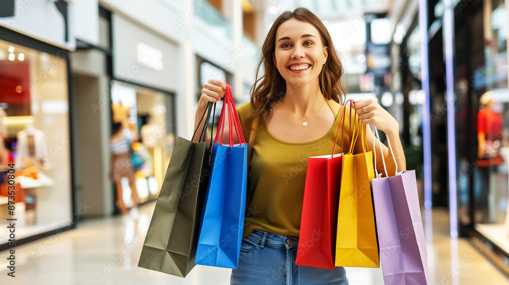 happy woman carries bags in shopping mall, retail business, season sale happy woman carries bags in shopping mall, retail business, season sale