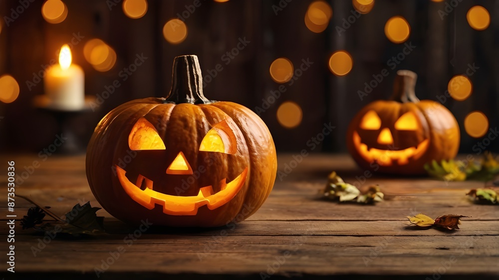 Fototapeta premium Happy thanksgiving halloween pumpkins on wooden table with lights background