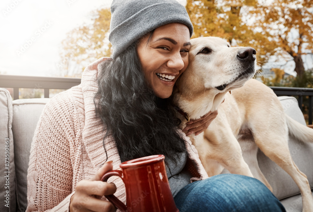 Fototapeta Woman, happy portrait and coffee with dog for bonding, relax together and calm morning in home