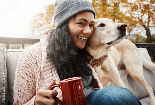 Photography Woman, happy portrait and coffee with dog for bonding, relax together and calm morning in home