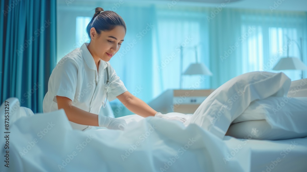 Nurse in uniform making bed with clean bedsheet preparing it for patient in hospital ward Nurse in uniform making bed with clean bedsheet preparing it for patient in hospital ward