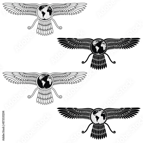 Zoroastrian winged solar disk with planet earth