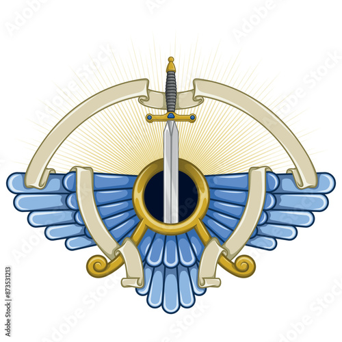 Zoroaster winged solar disk with ribbon and sword