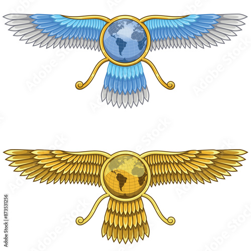 Zoroastrian winged solar disk with planet earth