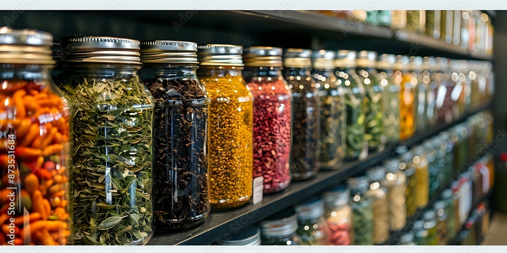 A variety of spice jars neatly arranged on a shelf, perfect for culinary themes, kitchen decor, and food photography. A variety of spice jars neatly arranged on a shelf, perfect for culinary themes, kitchen decor, and food photography.