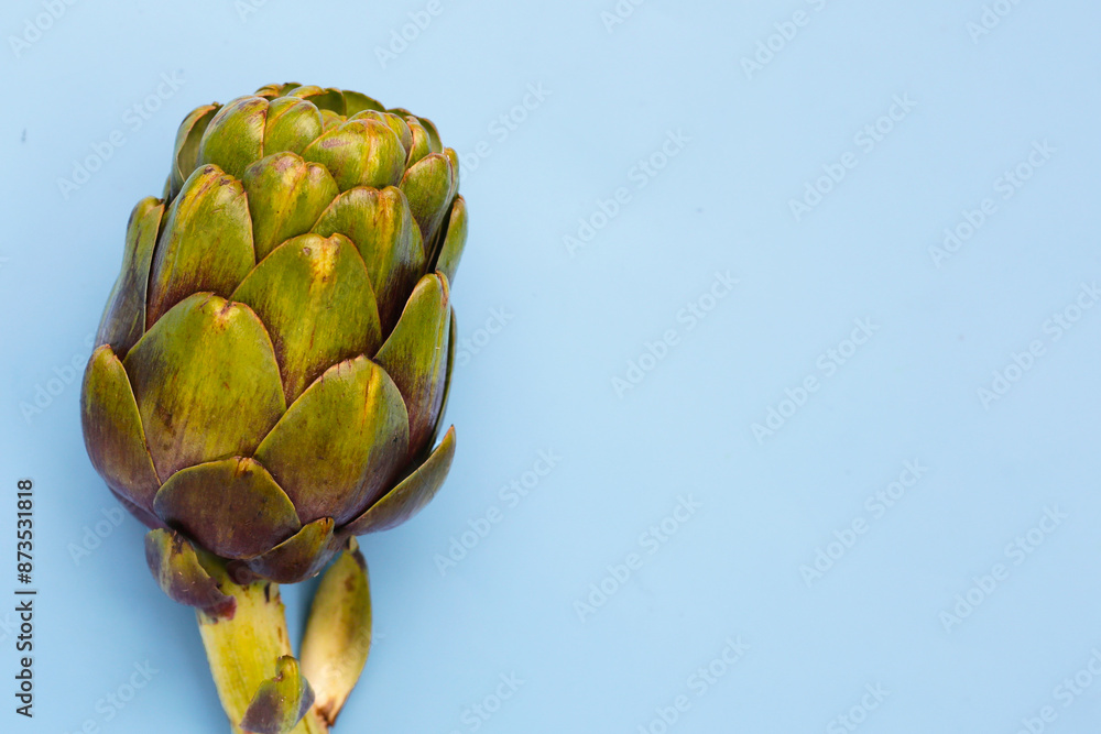 Fototapeta premium Purple artichoke on blue background.