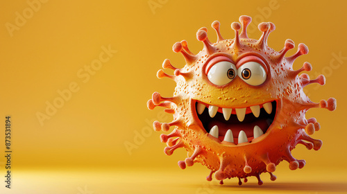 A high-resolution photograph of a cartoonish, funny virus character with exaggerated features, set against a clean background with ample copy space around it