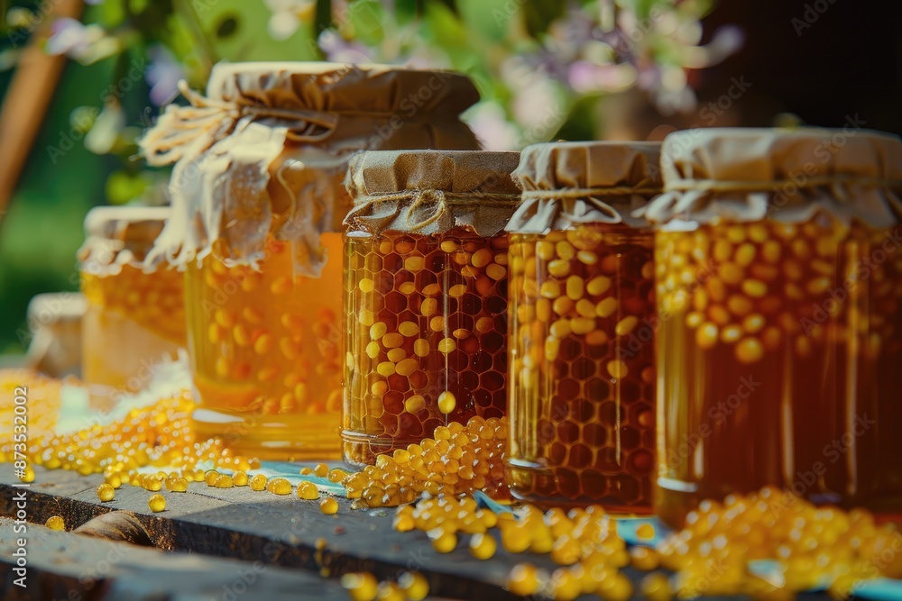 A row of jars filled with honey and a pile of yellow beads. The jars are arranged in a neat row, with some of them being taller than others. The yellow beads are scattered around the jars A row of jars filled with honey and a pile of yellow beads. The jars are arranged in a neat row, with some of them being taller than others. The yellow beads are scattered around the jars