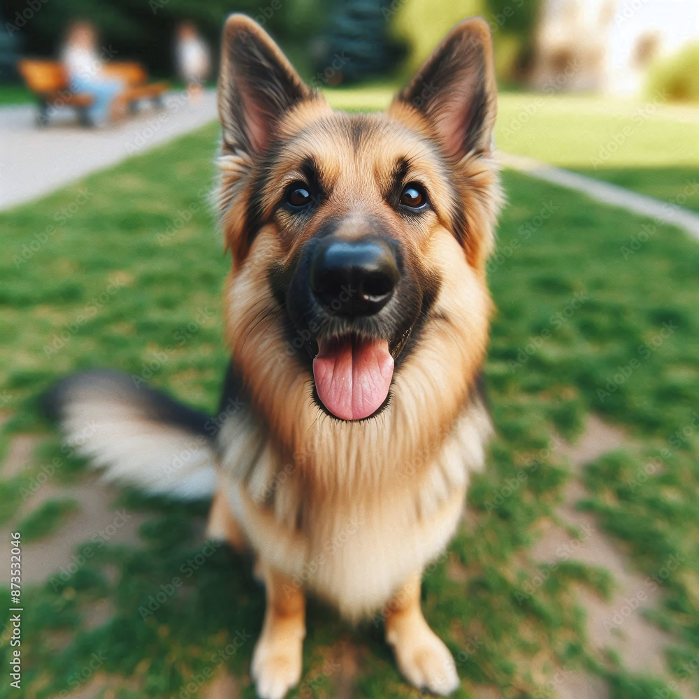 Happy German Shepherd smiling with tongue out in grassy field Happy German Shepherd smiling with tongue out in grassy field