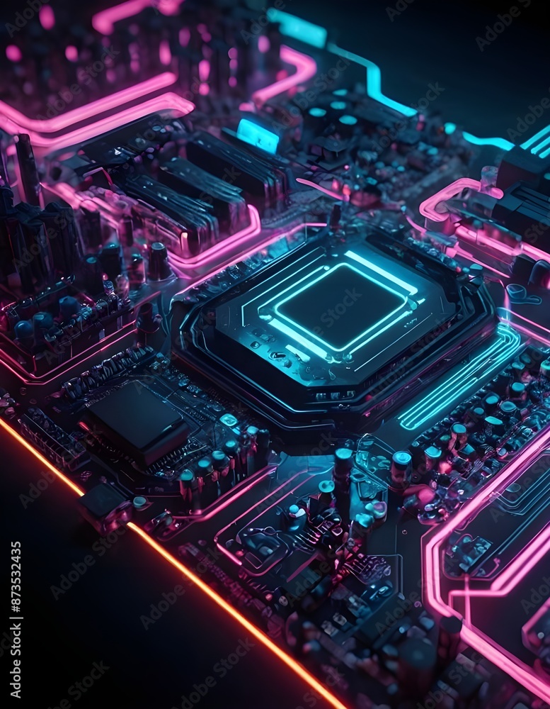 Computer Motherboard With Pink and Blue Neon Lights, electronic circuit board Computer Motherboard With Pink and Blue Neon Lights, electronic circuit board