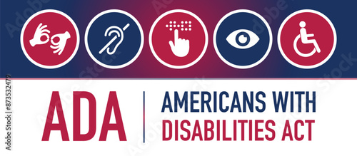 Americans with Disability Act. ADA is a civil rights law that prohibits discrimination based on disability.Vector illustration