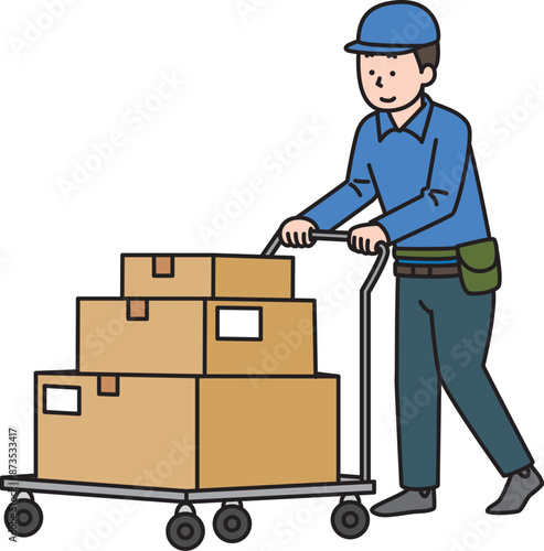 台車で荷物を運ぶ男性　シンプルイラスト