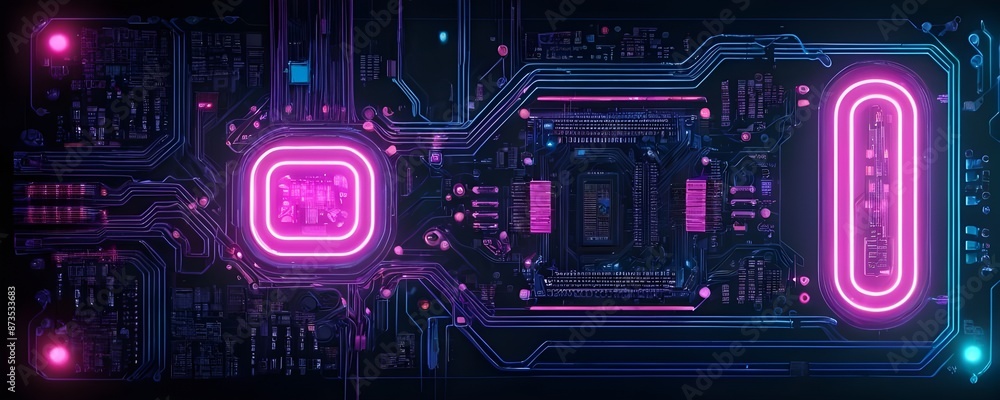 Computer Motherboard With Pink and Blue Neon Lights, electronic circuit board Computer Motherboard With Pink and Blue Neon Lights, electronic circuit board