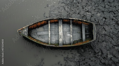  Aerial view of a broken boat, on a rocky shore, minimalist photography, graphic design-inspired, dark blue and light gray, aerial perspective, aerial photo,