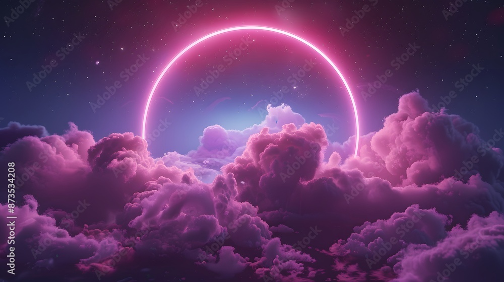 Obraz premium 3d render, abstract cloud illuminated with neon light ring on dark night sky. Glowing geometric shape, round frame. 