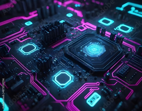 Computer Motherboard With Pink and Blue Neon Lights, electronic circuit board