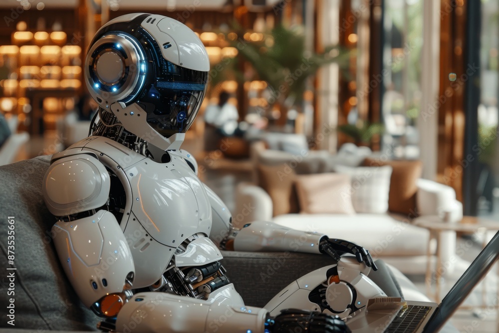 The robot works at a computer. Generative AI The robot works at a computer. Generative AI