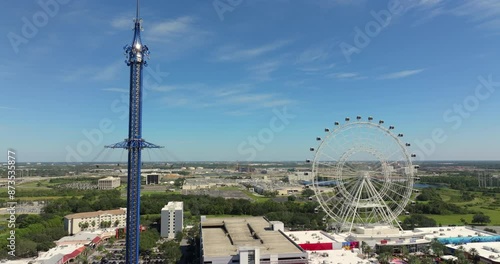 Entertainment District in Orlando, Florida. Ferris wheel and swing ride at ICON Park on International Drive. American travel destination photo