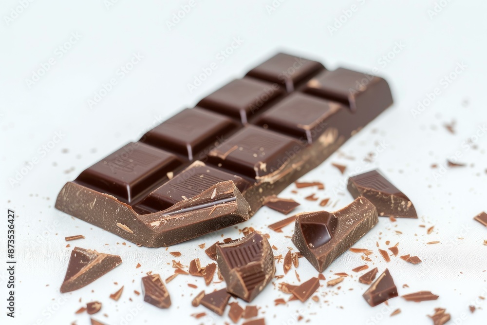 Delicious dark chocolate bar with chocolate shavings scattered around, set against a white background Delicious dark chocolate bar with chocolate shavings scattered around, set against a white background