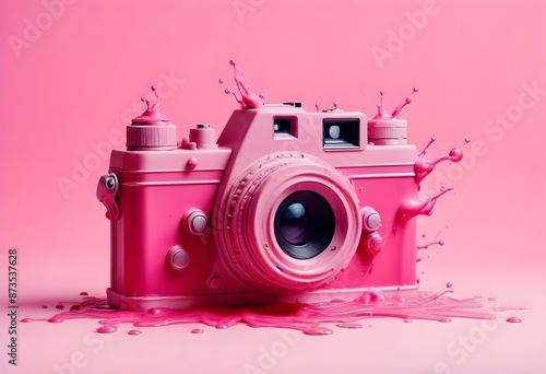 A pink vintage-style camera surrounded by pink liquid splashes against a pink background photo