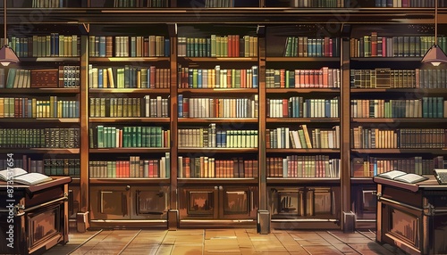 Bookshelves in the library with old books, background, cartoon