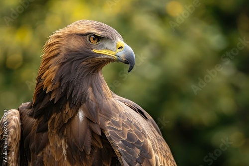Close-up portrait of a majestic golden eagle with piercing eyes and sharp beak. Showcasing its powerful gaze and beautiful feathers. In its natural habitat