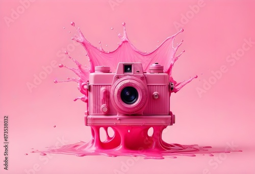 A pink vintage-style camera surrounded by pink liquid splashes against a pink background photo