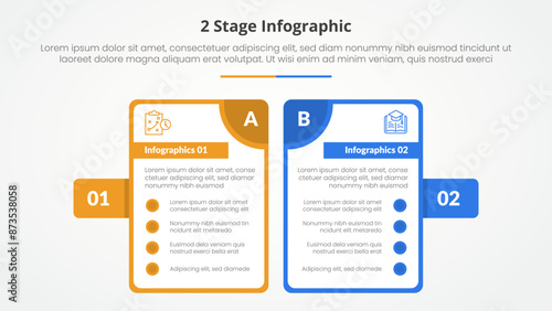 2 points stage template for comparison opposite infographic concept for slide presentation with big outline table and badge on side with flat style