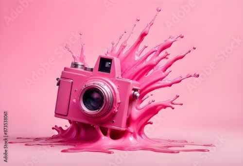 A pink vintage-style camera surrounded by pink liquid splashes against a pink background photo