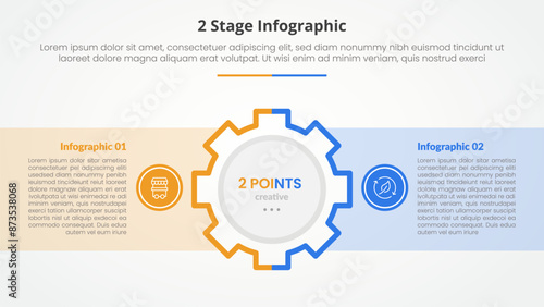 2 points stage template for comparison opposite infographic concept for slide presentation with gear on center and box container with flat style