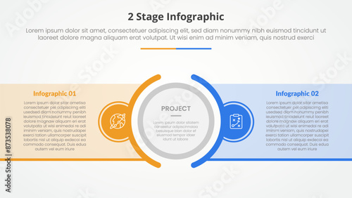 2 points stage template for comparison opposite infographic concept for slide presentation with big outline circle center and box container transparent with flat style