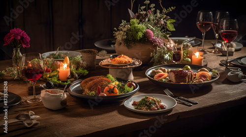 A table full of gourmet food in an organised and elegant way with candles and beautiful colours.